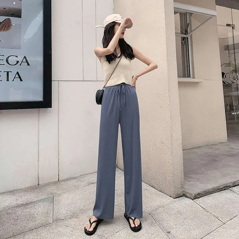 Ice Silk Wide Leg Pants Women Plus Size High Waist Straight Floor Length Long Korean Trendy Casual Pants