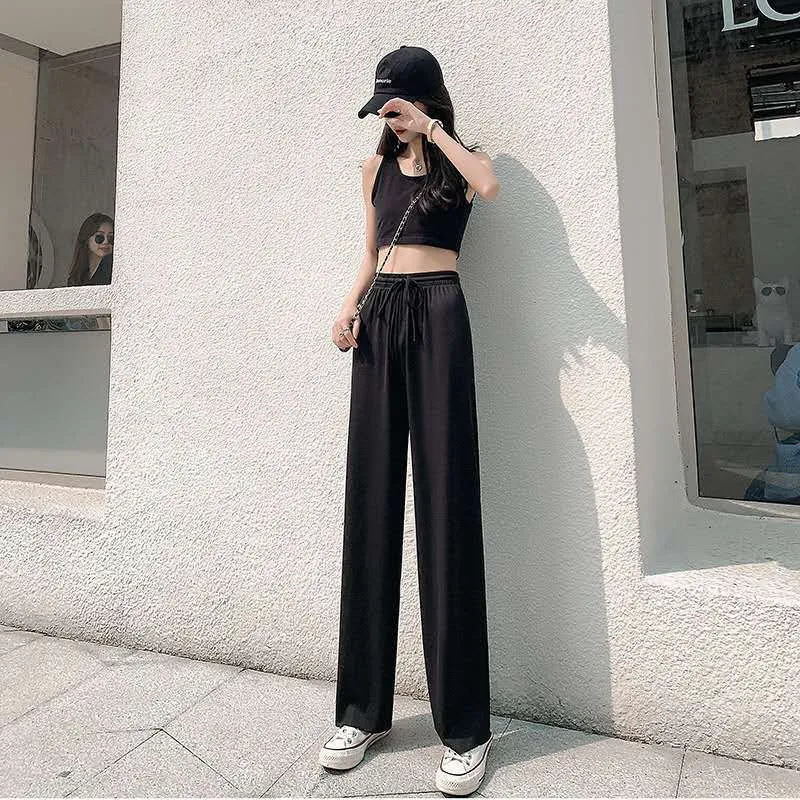 Ice Silk Wide Leg Pants Women Plus Size High Waist Straight Floor Length Long Korean Trendy Casual Pants