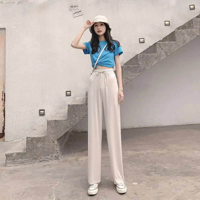 Ice Silk Wide Leg Pants Women Plus Size High Waist Straight Floor Length Long Korean Trendy Casual Pants
