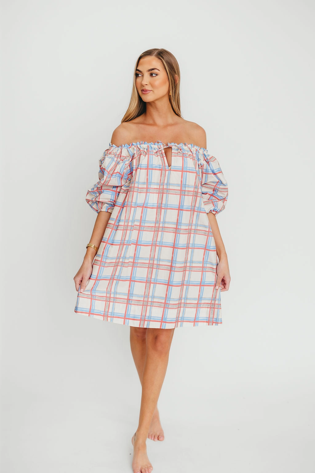 Inaya 100% Cotton Puff Sleeve Babydoll Mini Dress in Blue Multi *Final-Sale*