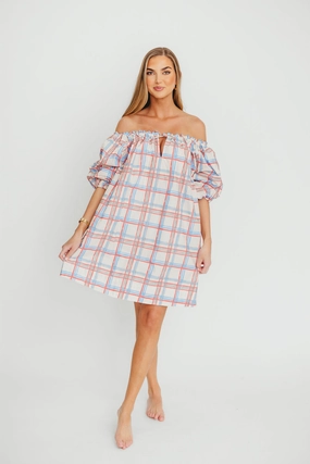 Inaya 100% Cotton Puff Sleeve Babydoll Mini Dress in Blue Multi *Final-Sale* Inaya 100% Cotton Puff Sleeve Babydoll Mini Dress in Blue Multi *Final-Sale*