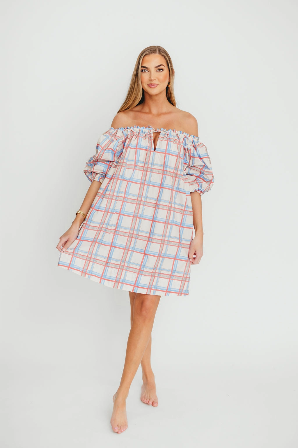 Inaya 100% Cotton Puff Sleeve Babydoll Mini Dress in Blue Multi *Final-Sale*