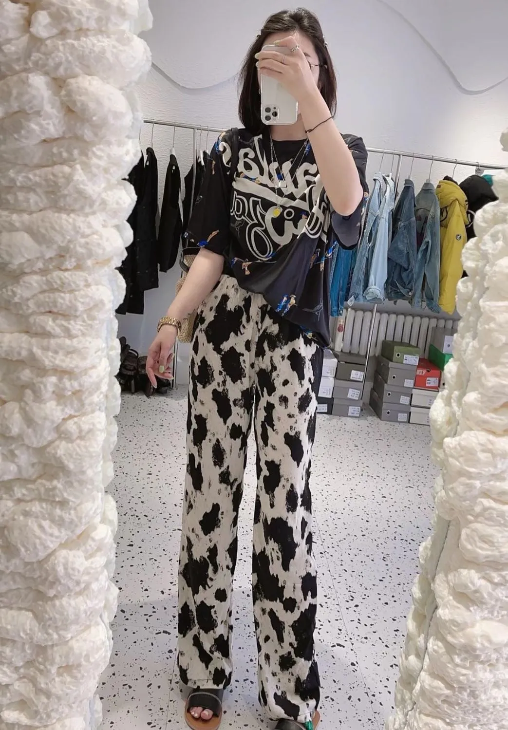 Ink Wide Leg Pants Women Summer Popular Thin Loose Slim Look Chiffon Straight Personality Casual Floor Length Pants