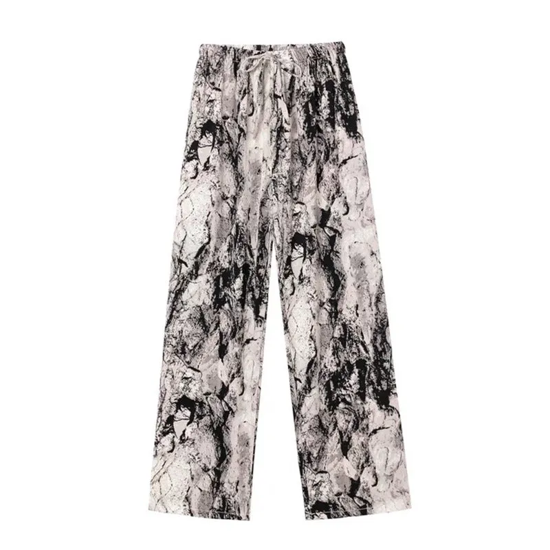 Ink Wide Leg Pants Women Summer Popular Thin Loose Slim Look Chiffon Straight Personality Casual Floor Length Pants