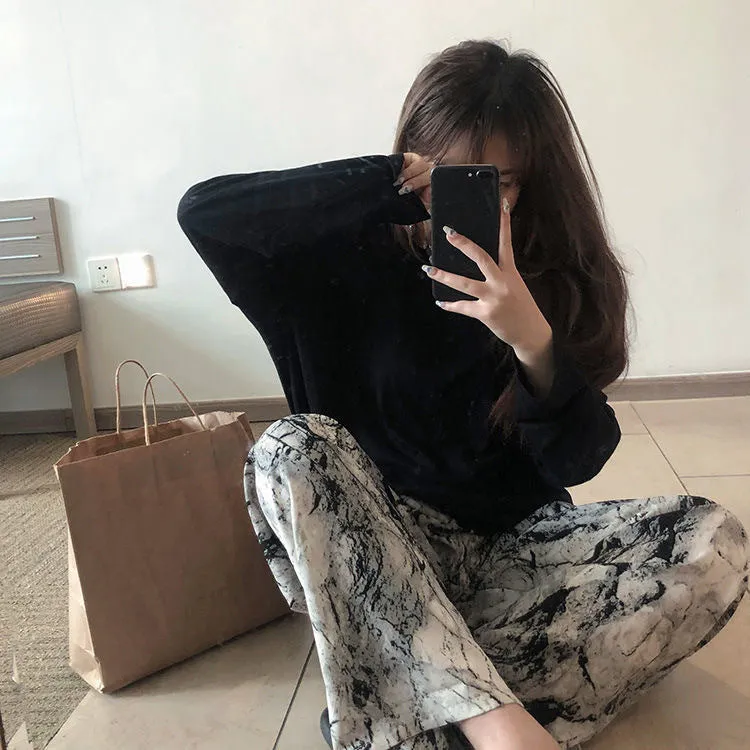 Ink Wide Leg Pants Women Summer Popular Thin Loose Slim Look Chiffon Straight Personality Casual Floor Length Pants