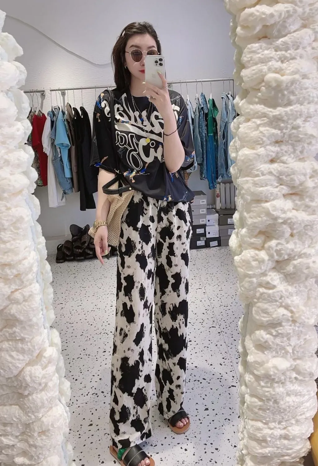 Ink Wide Leg Pants Women Summer Popular Thin Loose Slim Look Chiffon Straight Personality Casual Floor Length Pants