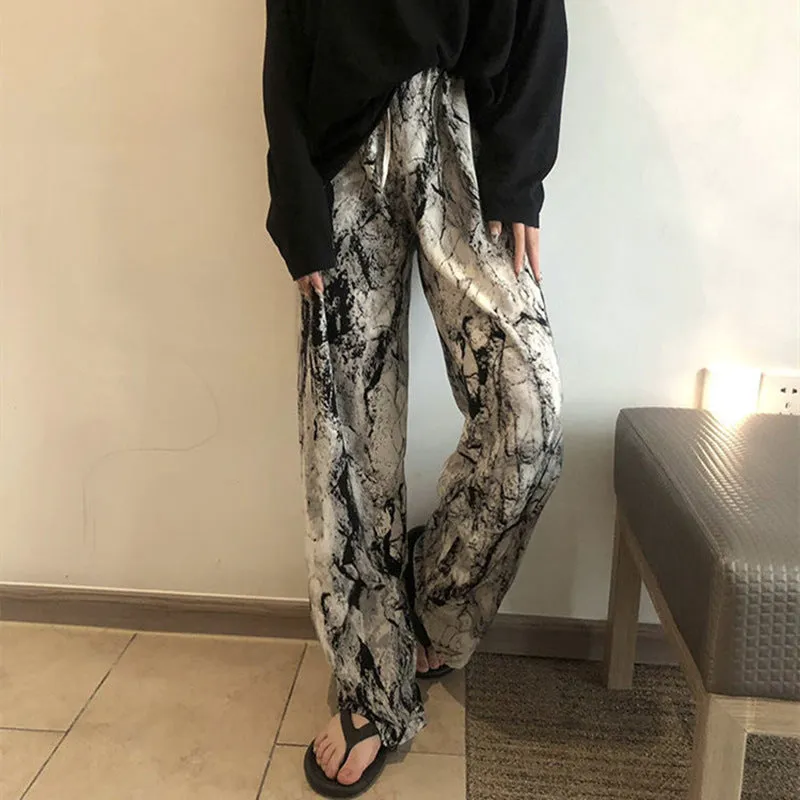 Ink Wide Leg Pants Women Summer Popular Thin Loose Slim Look Chiffon Straight Personality Casual Floor Length Pants