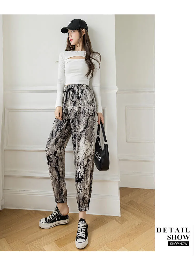 Ink Wide Leg Pants Women Summer Popular Thin Loose Slim Look Chiffon Straight Personality Casual Floor Length Pants