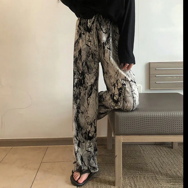 Ink Wide Leg Pants Women Summer Popular Thin Loose Slim Look Chiffon Straight Personality Casual Floor Length Pants