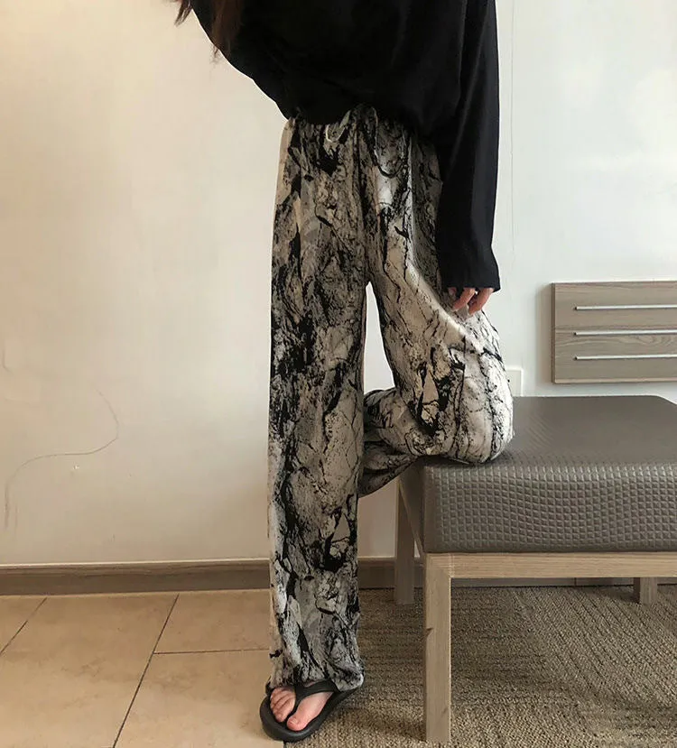 Ink Wide Leg Pants Women Summer Popular Thin Loose Slim Look Chiffon Straight Personality Casual Floor Length Pants