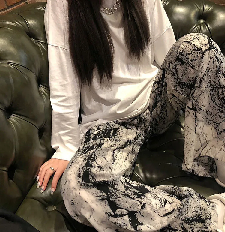 Ink Wide Leg Pants Women Summer Popular Thin Loose Slim Look Chiffon Straight Personality Casual Floor Length Pants