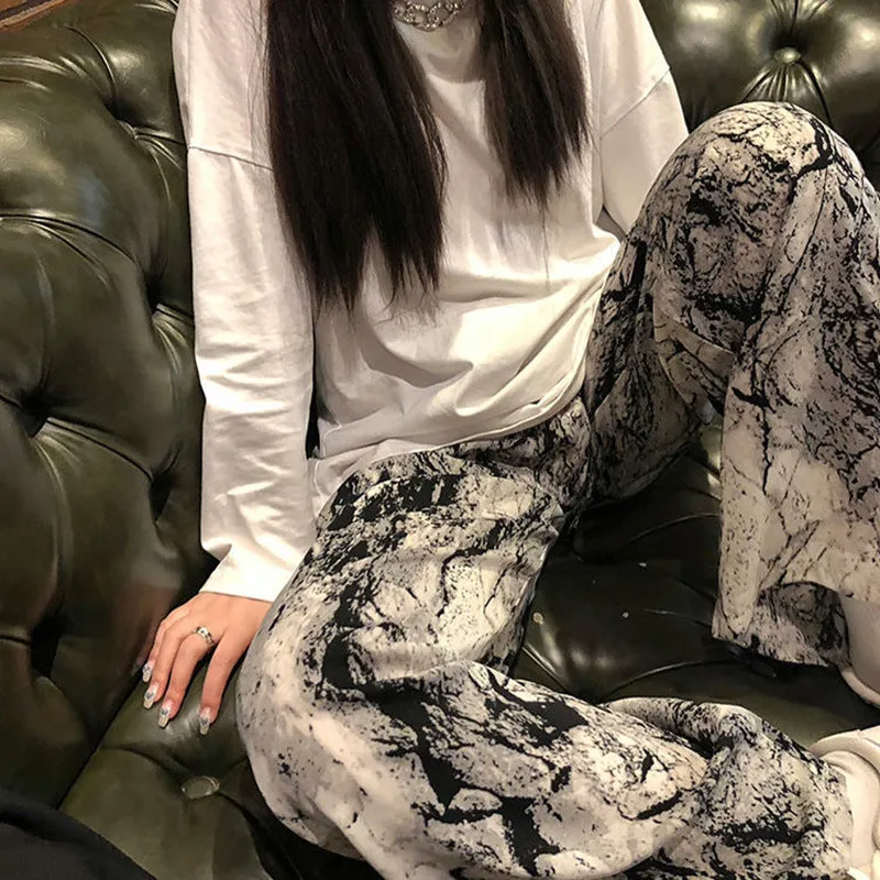 Ink Wide Leg Pants Women Summer Popular Thin Loose Slim Look Chiffon Straight Personality Casual Floor Length Pants