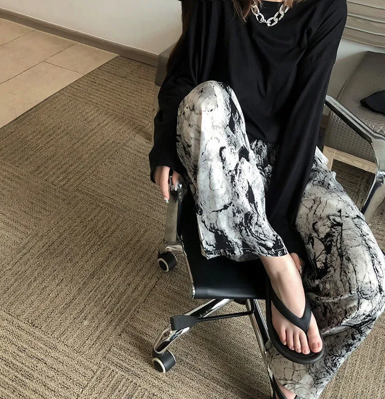 Ink Wide Leg Pants Women Summer Popular Thin Loose Slim Look Chiffon Straight Personality Casual Floor Length Pants