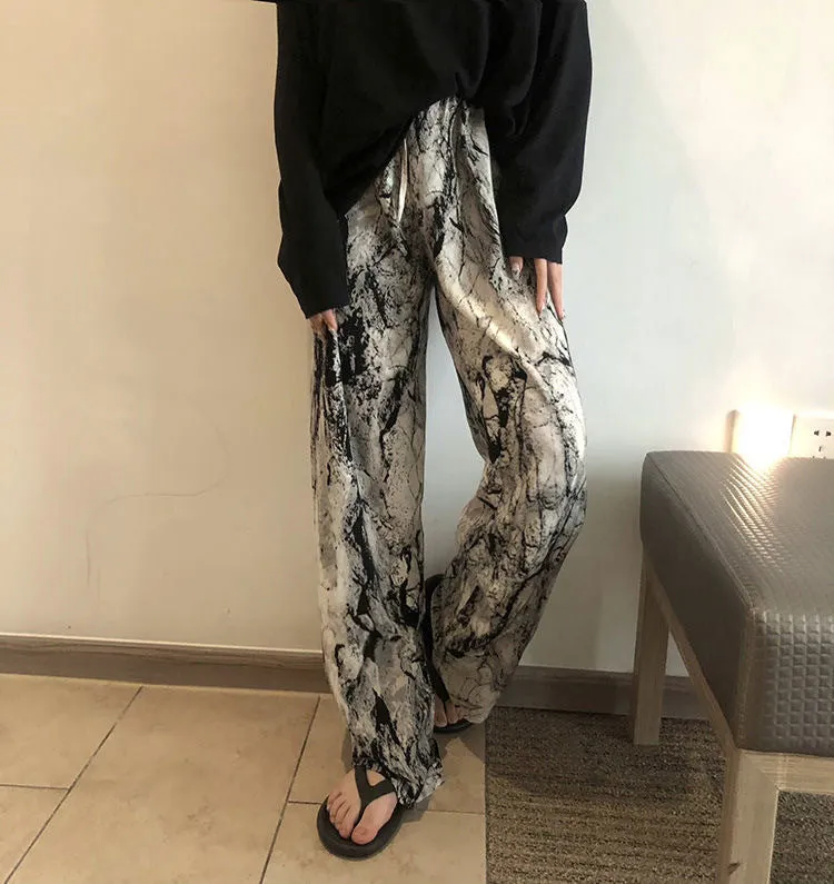 Ink Wide Leg Pants Women Summer Popular Thin Loose Slim Look Chiffon Straight Personality Casual Floor Length Pants