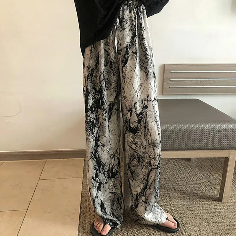 Ink Wide Leg Pants Women Summer Popular Thin Loose Slim Look Chiffon Straight Personality Casual Floor Length Pants