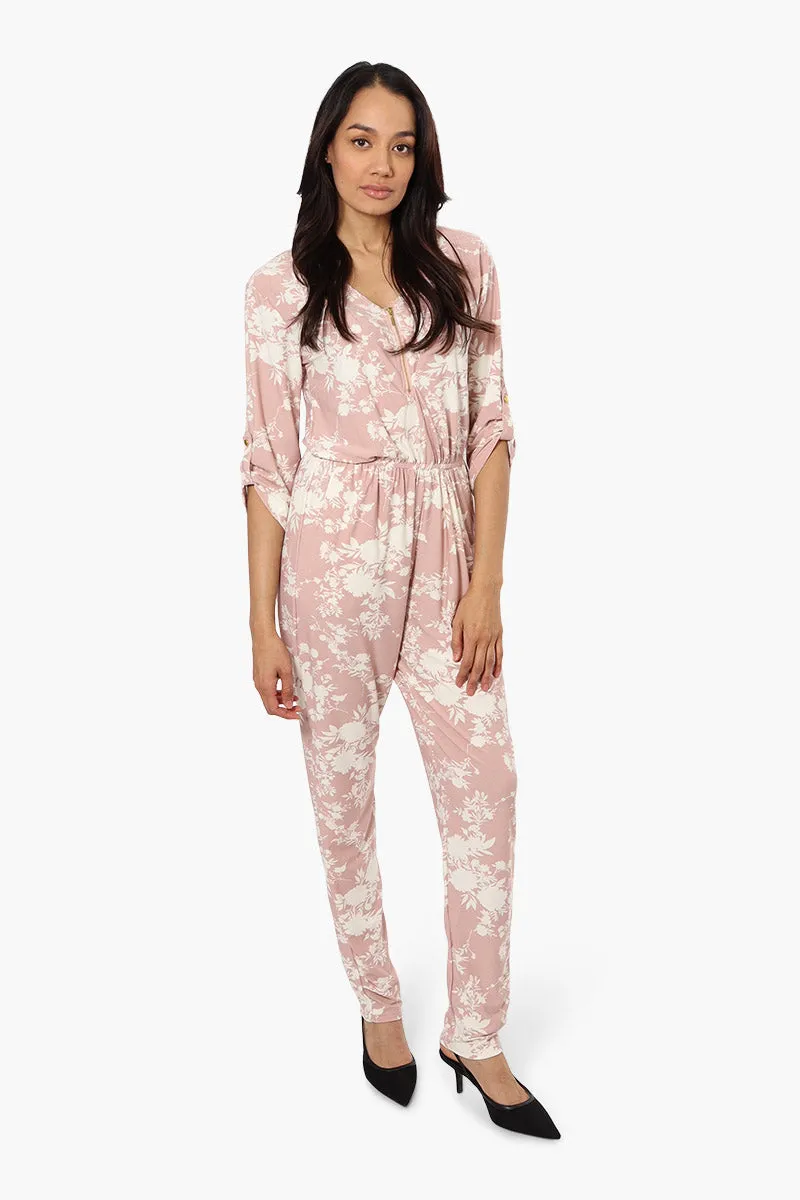 International INC Company Floral Roll Up Sleeve Jumpsuit - Pink