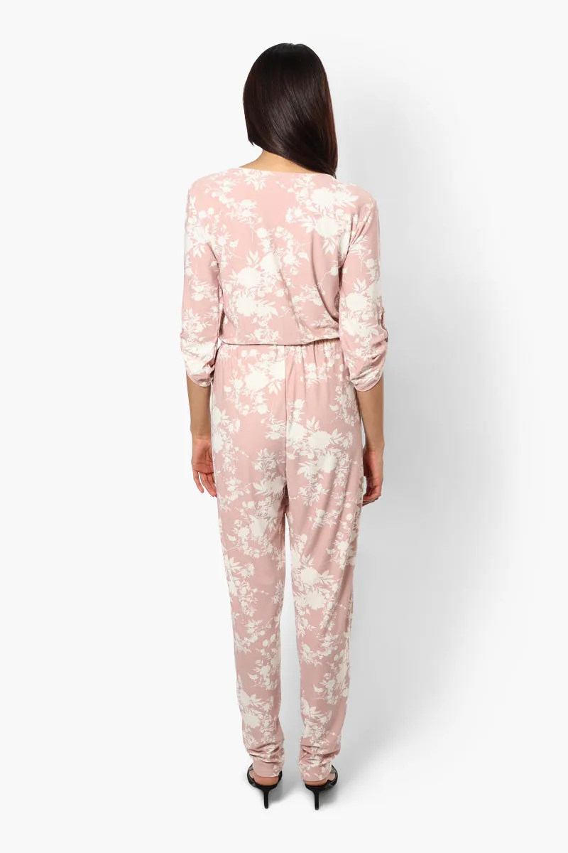 International INC Company Floral Roll Up Sleeve Jumpsuit - Pink