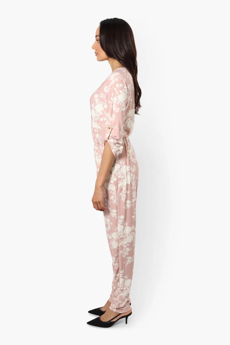 International INC Company Floral Roll Up Sleeve Jumpsuit - Pink
