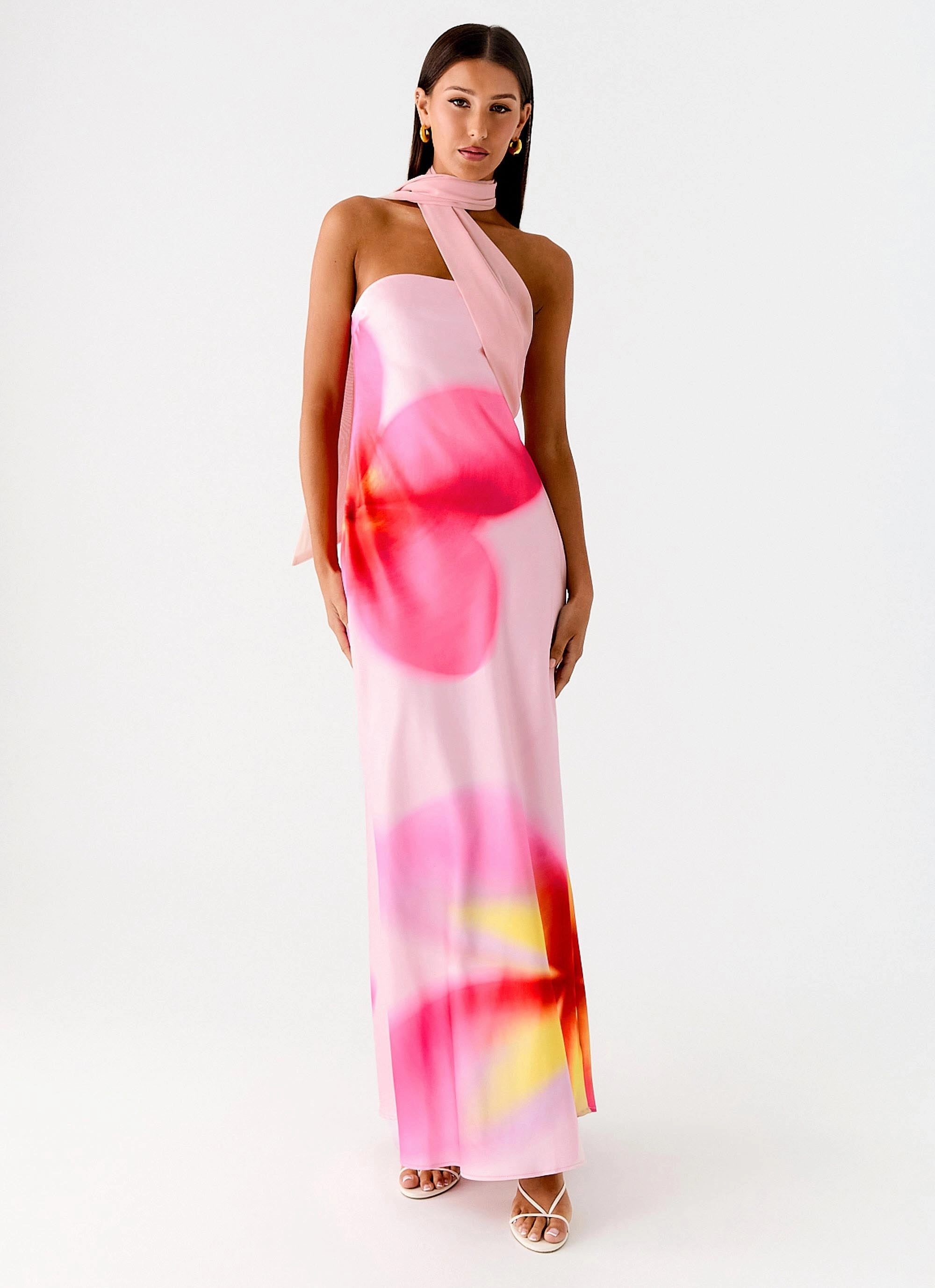 Isa Scarf Satin Maxi Dress - Frangipani Pink