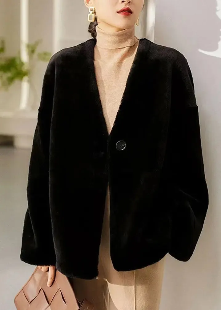 Italian Black V Neck Button Patchwork Wool Coats Winter ML1143
