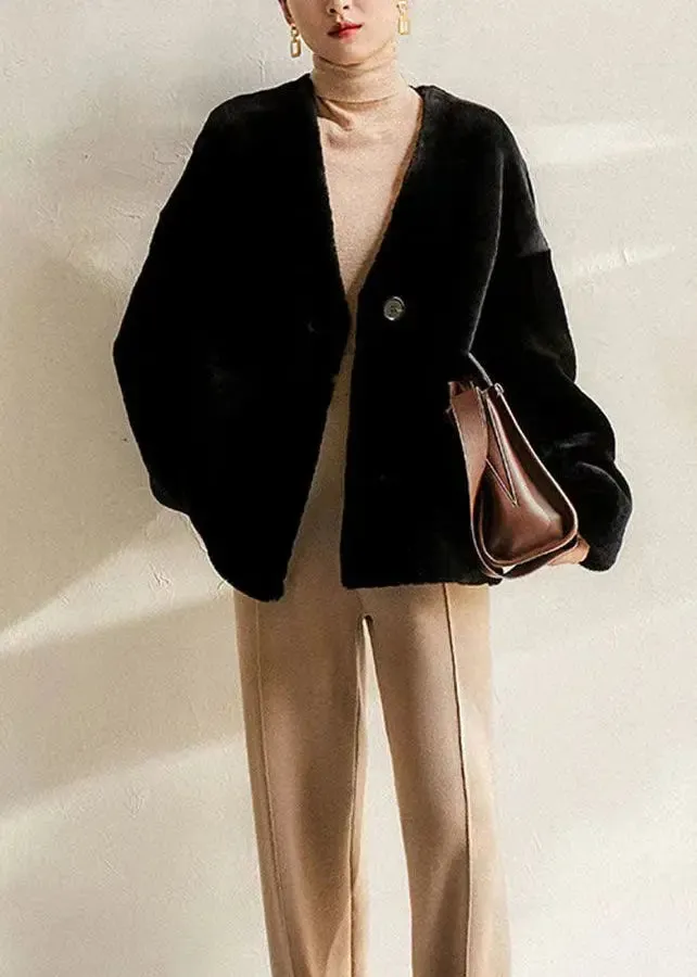 Italian Black V Neck Button Patchwork Wool Coats Winter ML1143