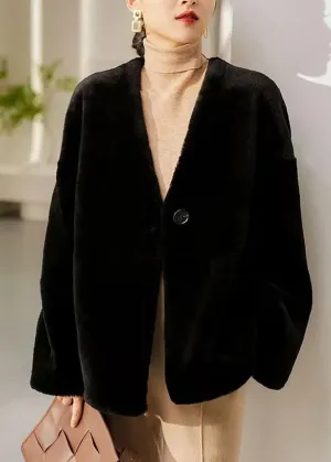 Italian Black V Neck Button Patchwork Wool Coats Winter ML1143