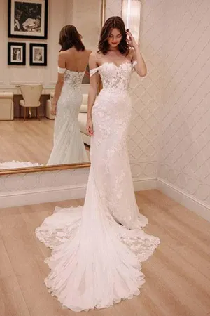 Ivory Mermaid Off Shoulder Court Train Lace Appliqued Wedding Dresses, SW526
