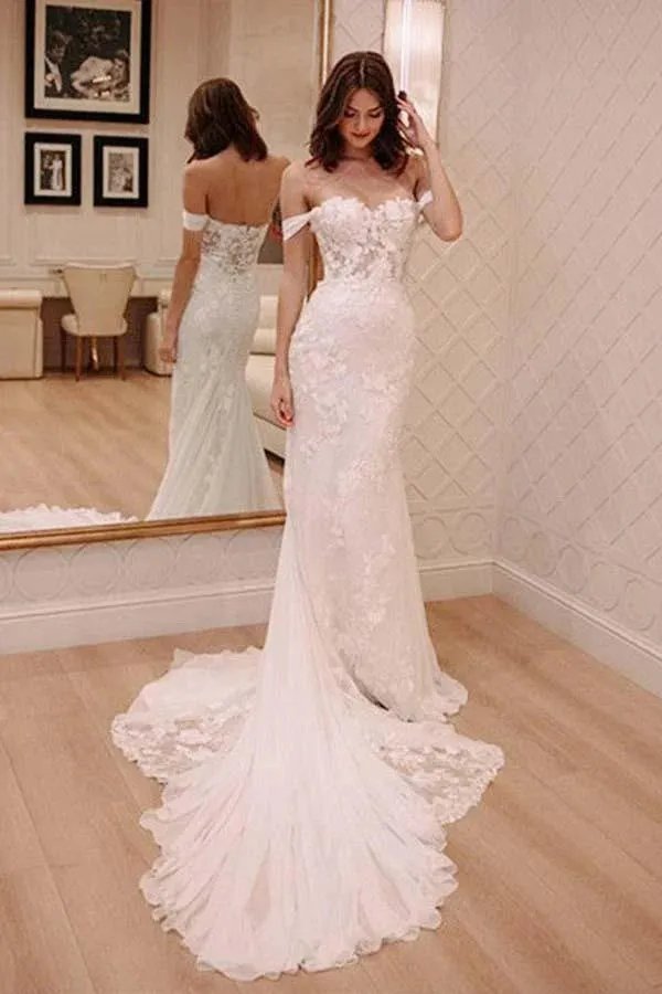 Ivory Mermaid Off Shoulder Court Train Lace Appliqued Wedding Dresses, SW526