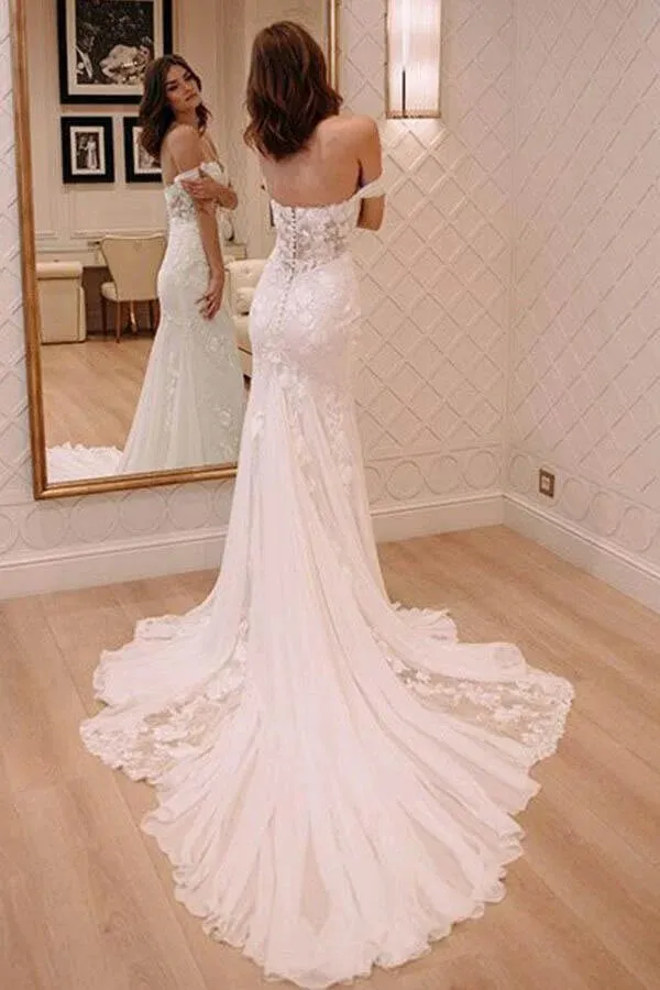 Ivory Mermaid Off Shoulder Court Train Lace Appliqued Wedding Dresses, SW526