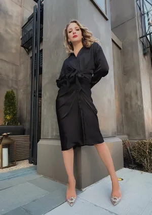 Ivy Black Satin Ruched Dress