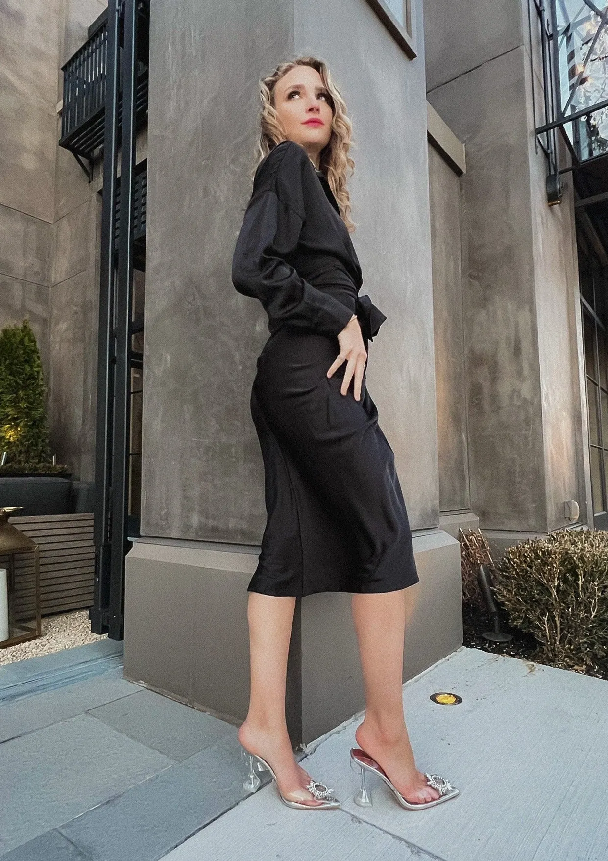 Ivy Black Satin Ruched Dress
