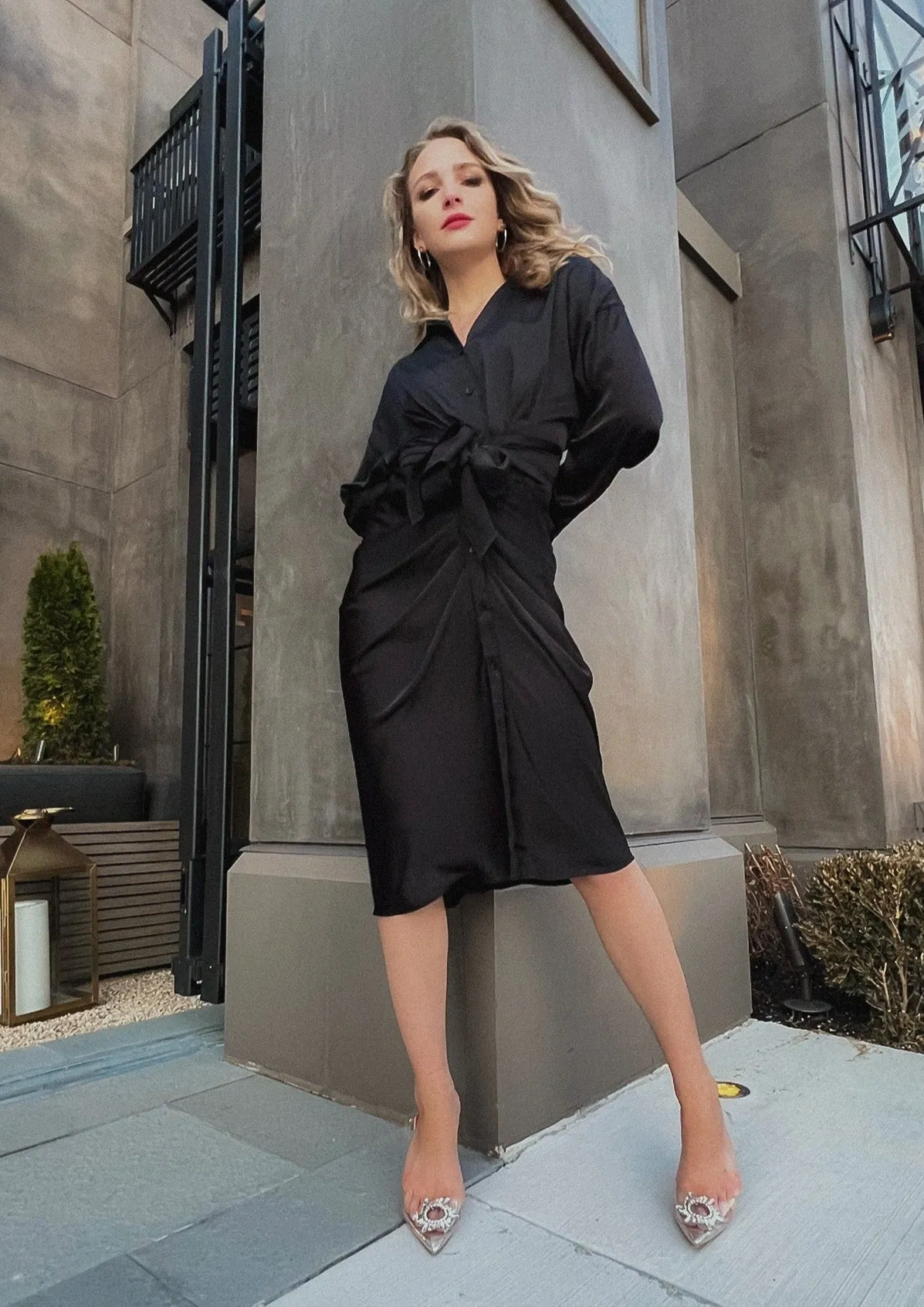 Ivy Black Satin Ruched Dress