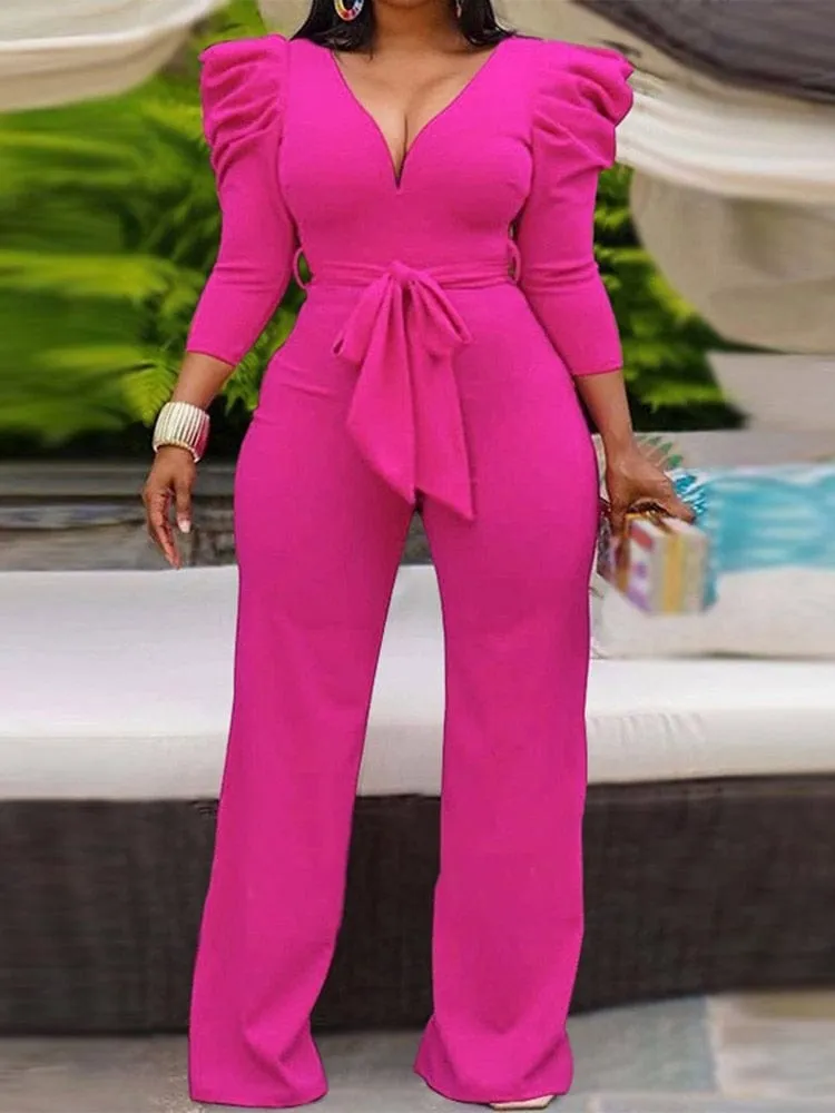 Janelle Vintage Puff Sleeve Long Wide Leg Deep V NeckPlaysuits