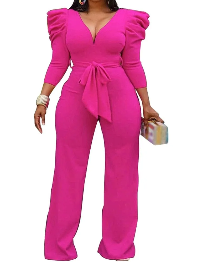 Janelle Vintage Puff Sleeve Long Wide Leg Deep V NeckPlaysuits