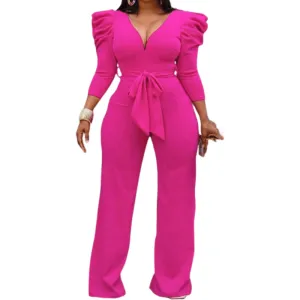 Janelle Vintage Puff Sleeve Long Wide Leg Deep V NeckPlaysuits