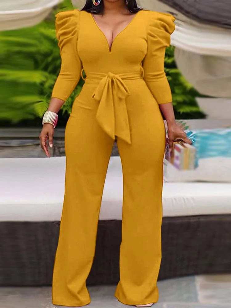 Janelle Vintage Puff Sleeve Long Wide Leg Deep V NeckPlaysuits