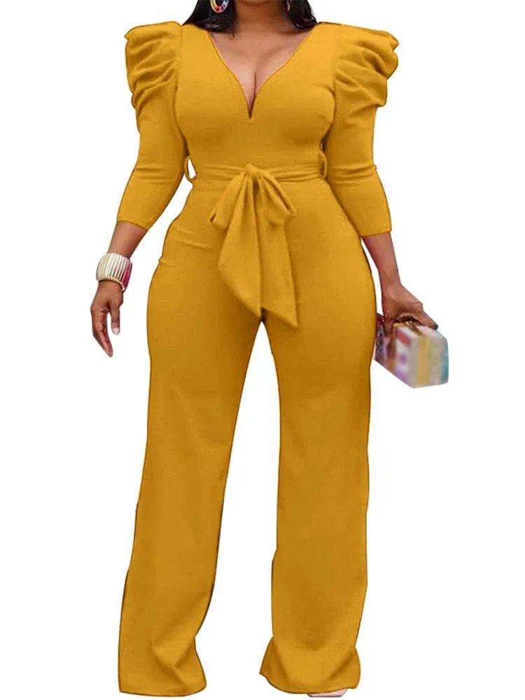 Janelle Vintage Puff Sleeve Long Wide Leg Deep V NeckPlaysuits