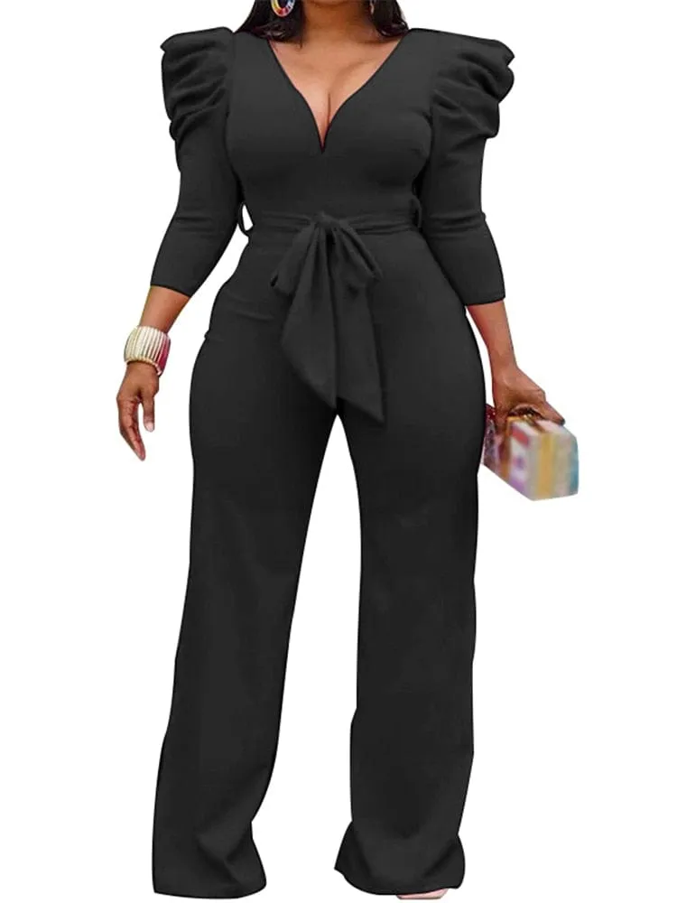Janelle Vintage Puff Sleeve Long Wide Leg Deep V NeckPlaysuits