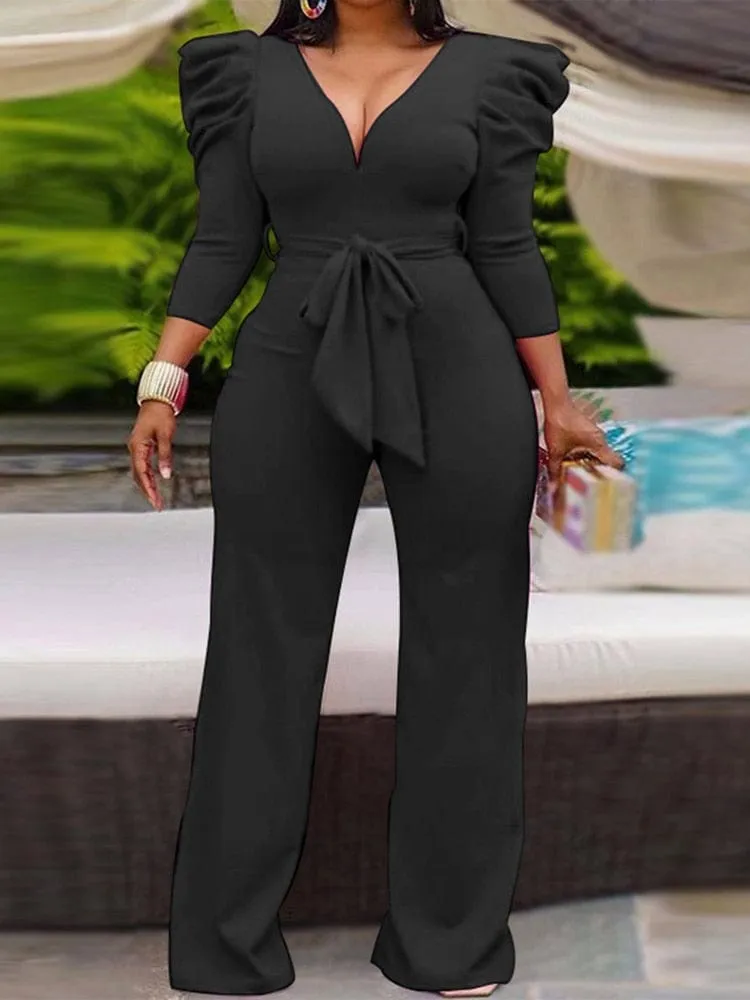 Janelle Vintage Puff Sleeve Long Wide Leg Deep V NeckPlaysuits