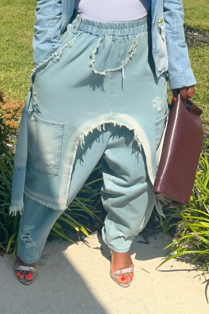 Jeena Distressed Oversize Drop-Crotch Denim Pants-Light Wash