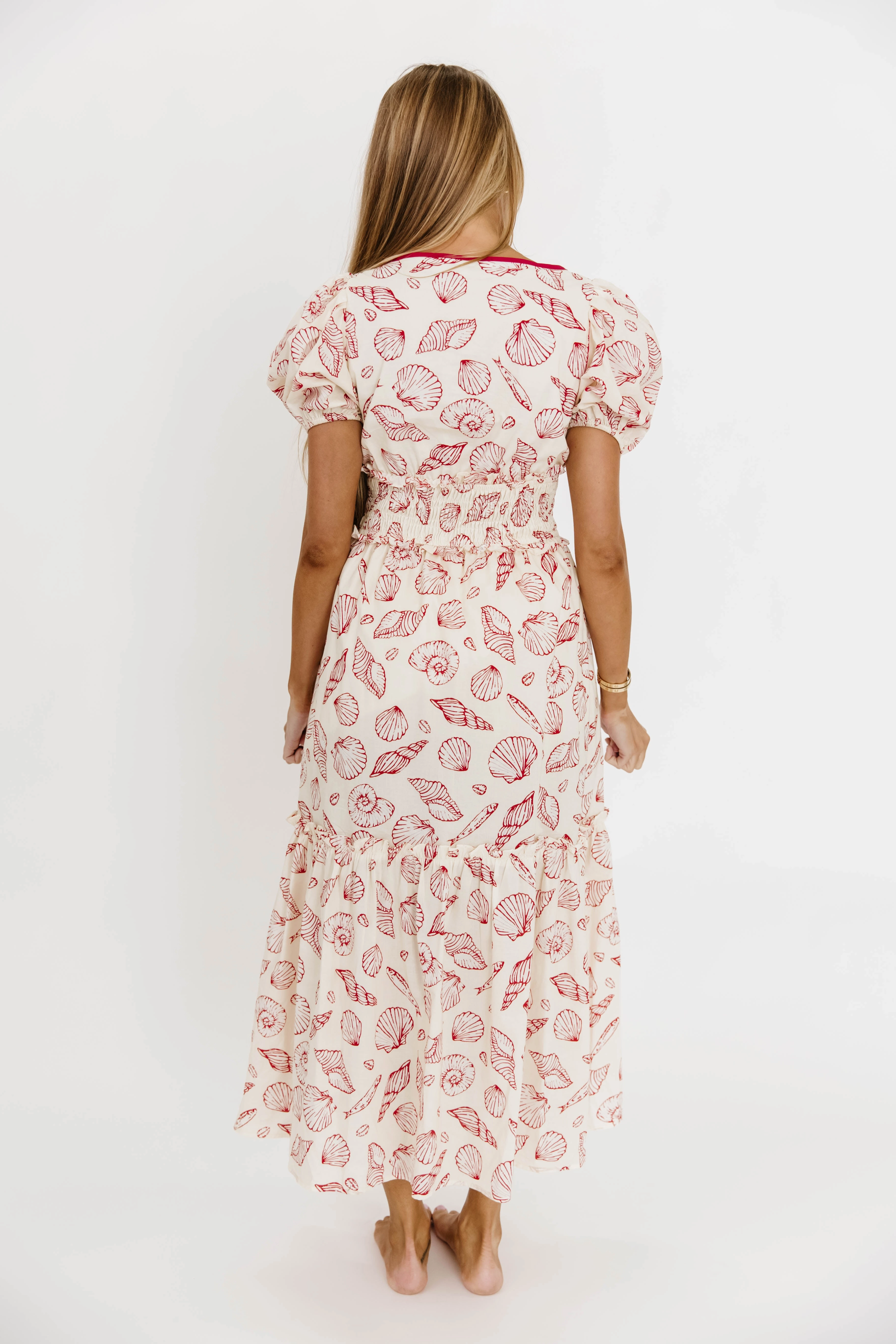 Jesse 100% Cotton Midi Dress With Puff Sleeves in Red *Final-Sale*