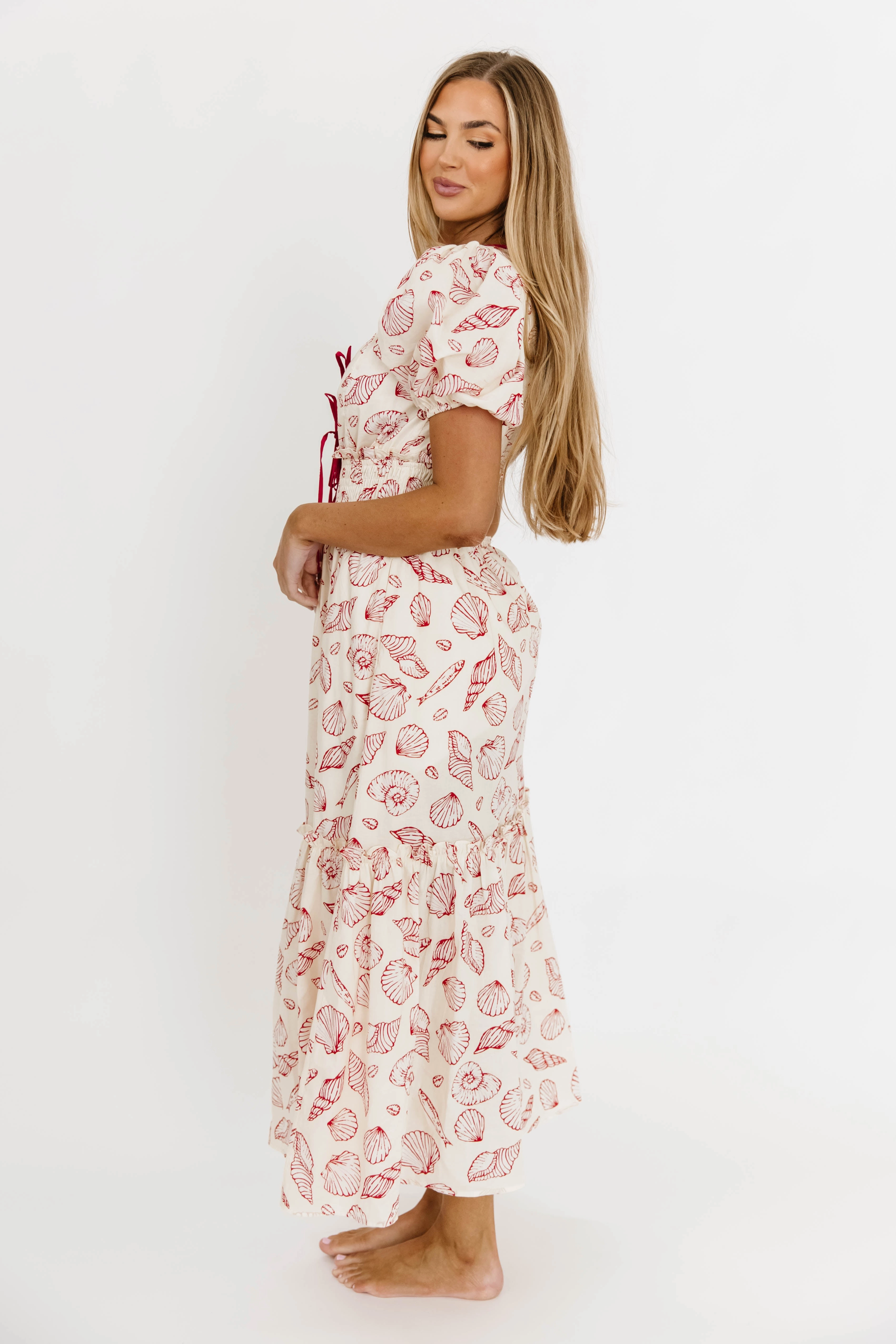 Jesse 100% Cotton Midi Dress With Puff Sleeves in Red *Final-Sale*