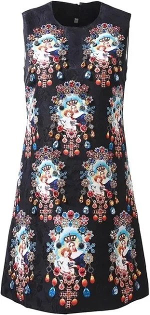 Jewel-Embellished Printed Mini Dress