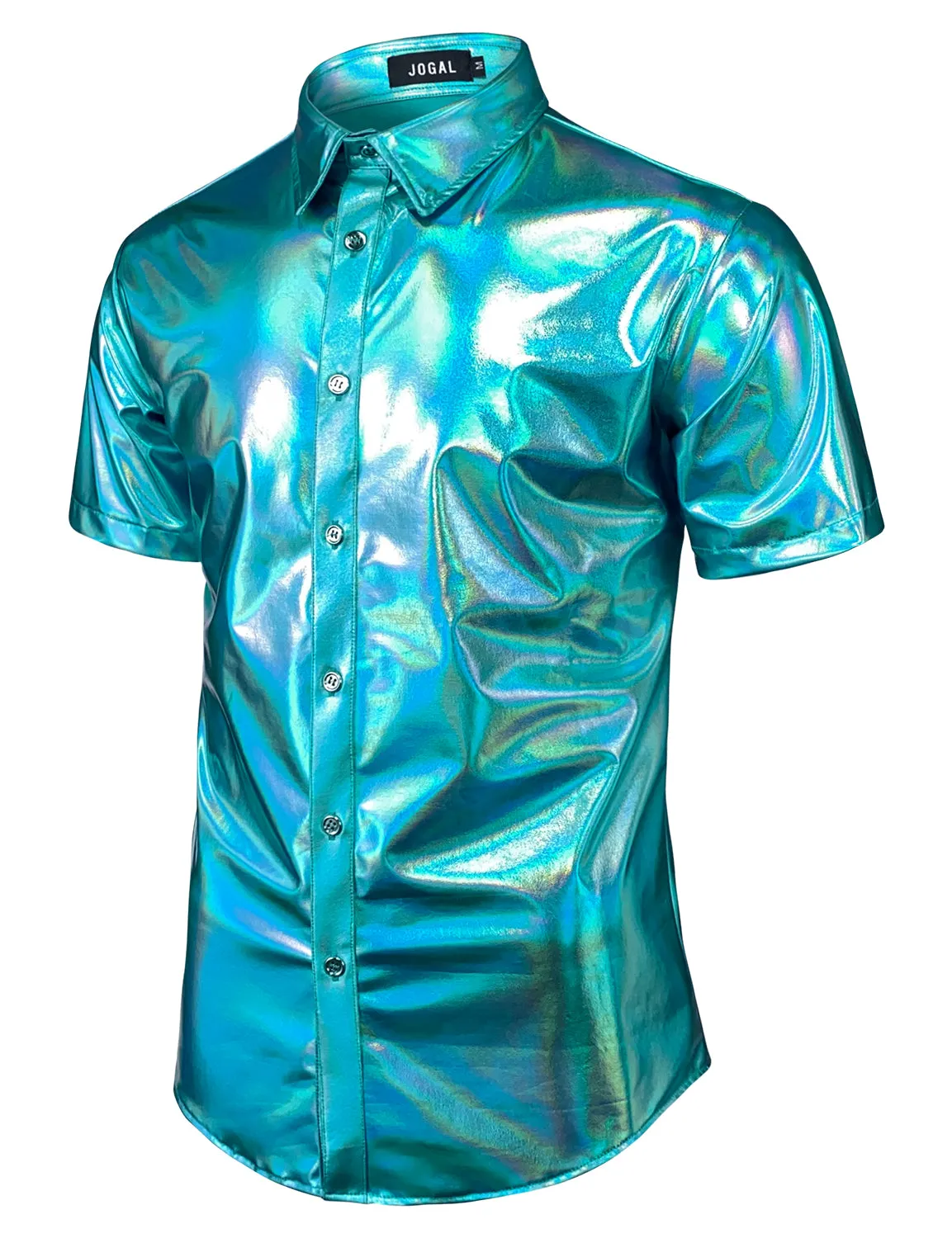 JOGAL Mens Metallic Shiny Nightclub Styles Short Sleeves Button Down Dress Shirts