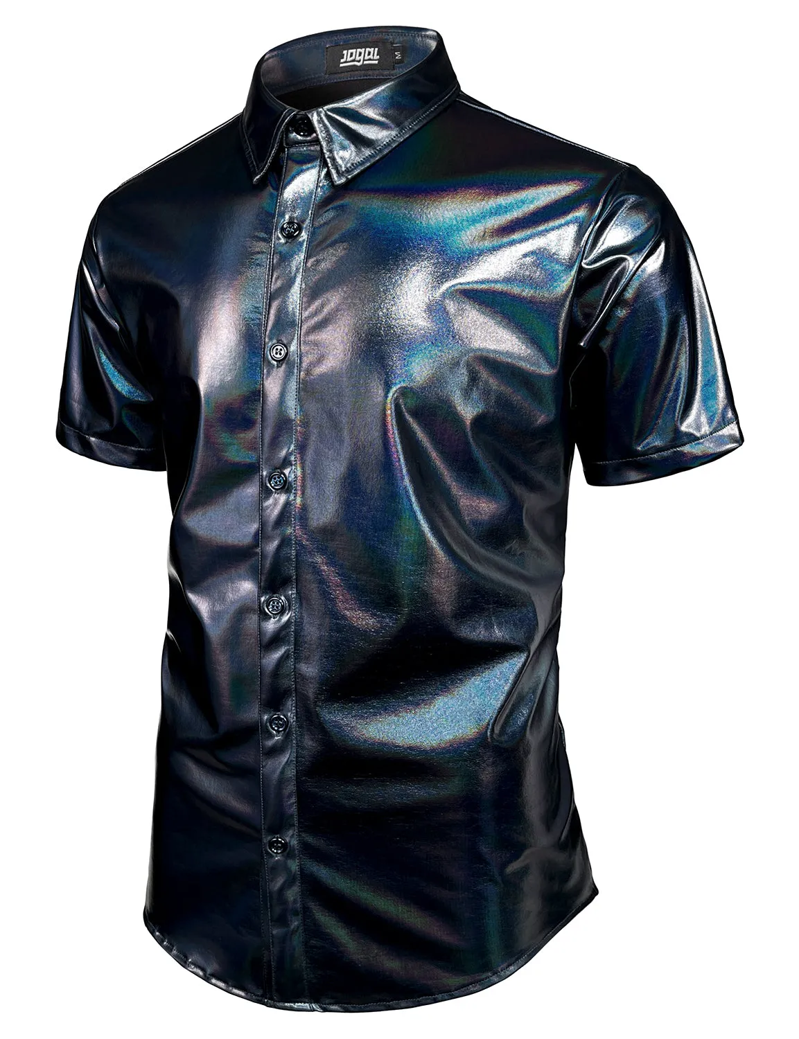 JOGAL Mens Metallic Shiny Nightclub Styles Short Sleeves Button Down Dress Shirts
