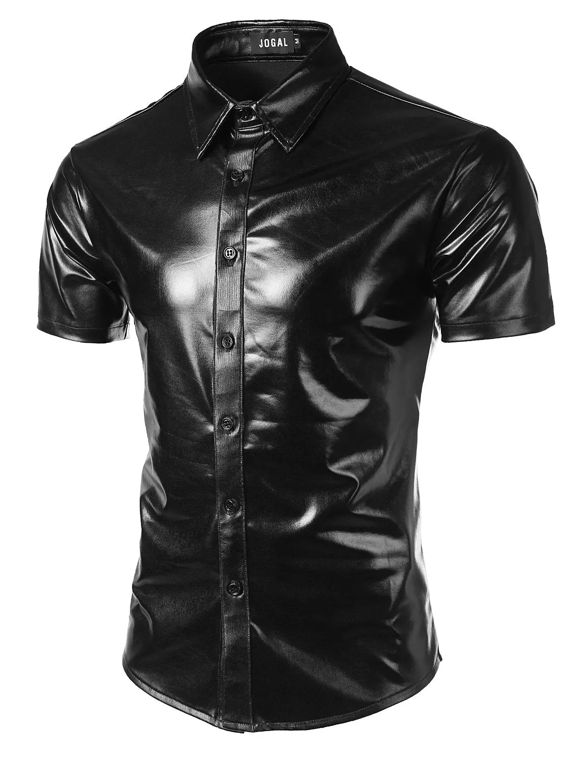 JOGAL Mens Metallic Shiny Nightclub Styles Short Sleeves Button Down Dress Shirts