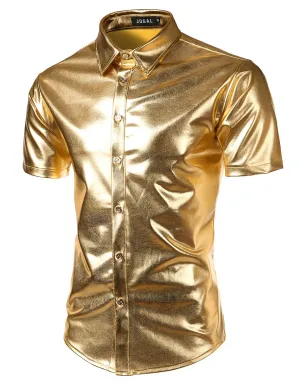 JOGAL Mens Metallic Shiny Nightclub Styles Short Sleeves Button Down Dress Shirts