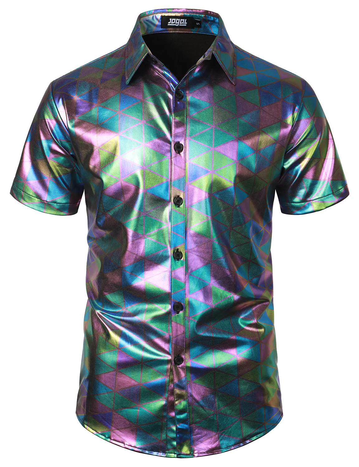 JOGAL Mens Metallic Shiny Nightclub Styles Short Sleeves Button Down Dress Shirts