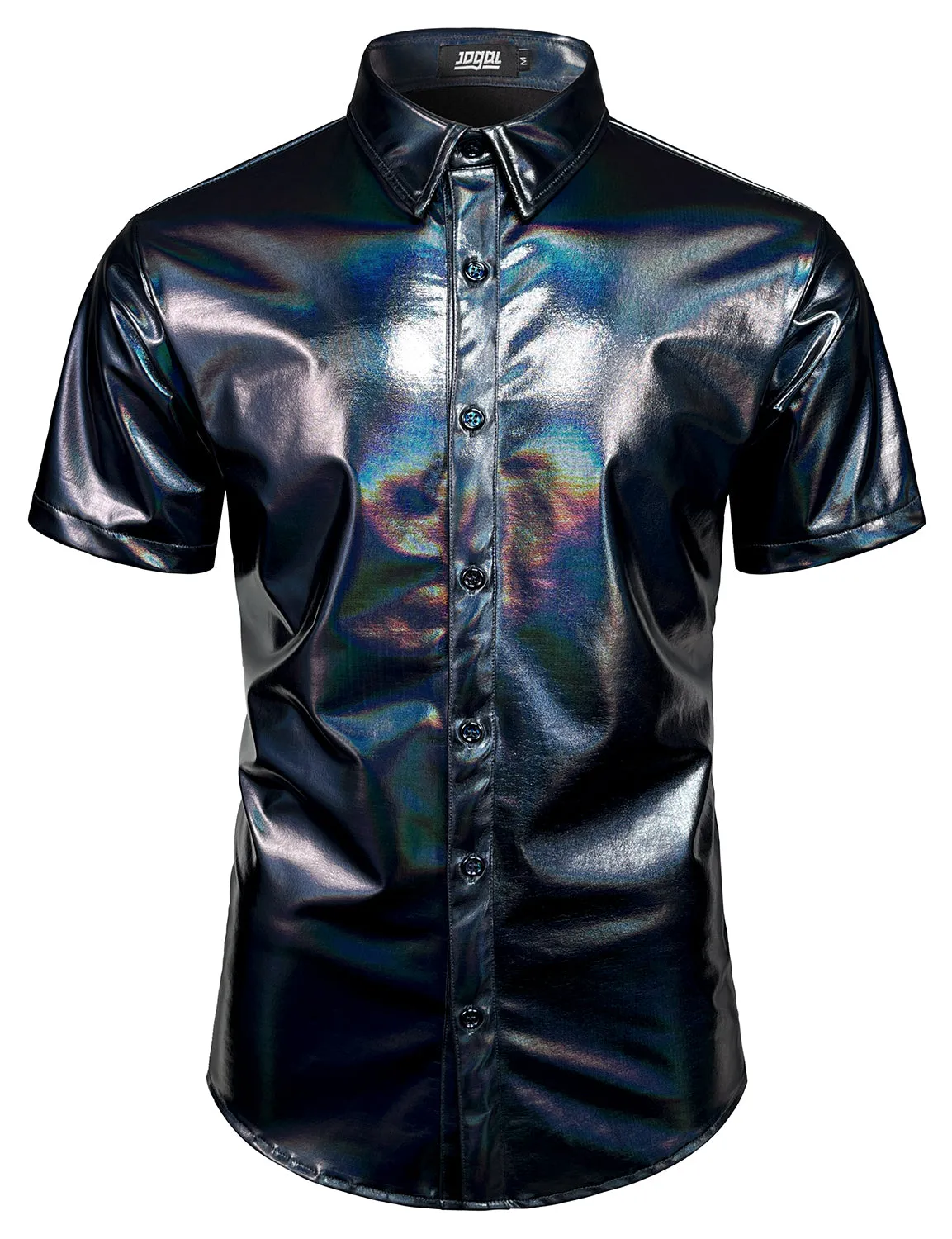 JOGAL Mens Metallic Shiny Nightclub Styles Short Sleeves Button Down Dress Shirts