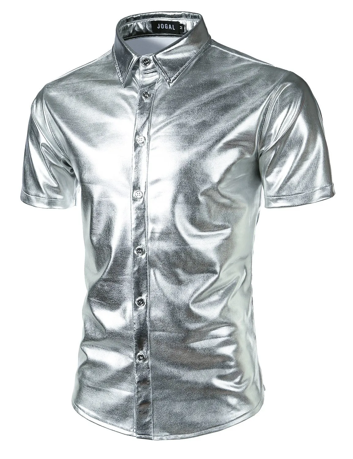 JOGAL Mens Metallic Shiny Nightclub Styles Short Sleeves Button Down Dress Shirts
